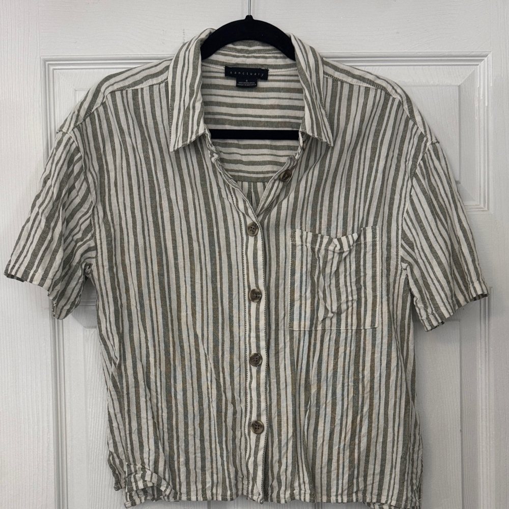 Cream and Green Striped Casual Shirt